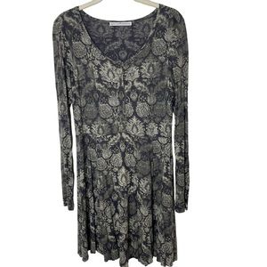 Peruvian Connection Black Green Beige Cotton Modal Raw Hem Dress‎ in Size Small